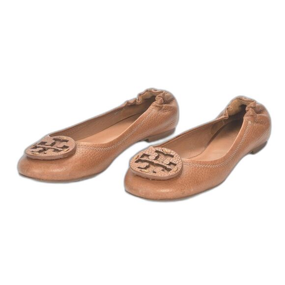 Tory Burch Reva Flats Pebbled Leather Carmel Insignia Emblem Size 6 - Picture 2 of 5